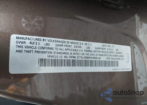 2011 Volkswagen Jetta 2.5L Sel из США, поврежденный, VIN 3VWLX7AJ0BM394816